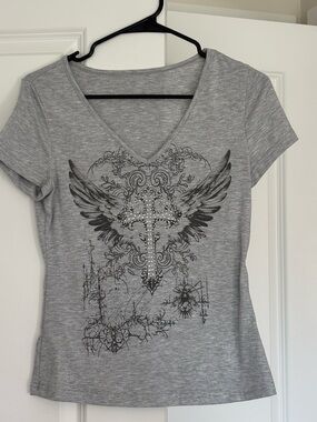Grey V-Neck Women’s Graphic Tee with Studded Cross